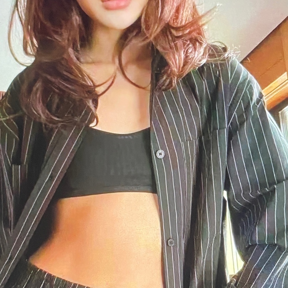 ALO Yoga Black Pinstripe Satin Button-Up Top - Picture 7 of 7